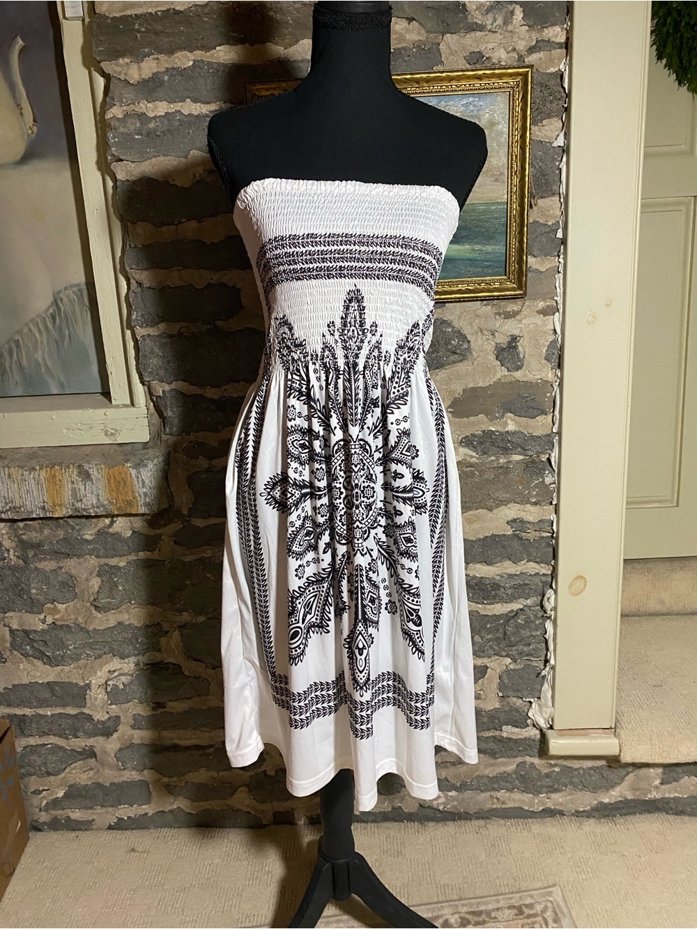 VENUS White Strapless Smocked Midi Dress with Black Medallion Print